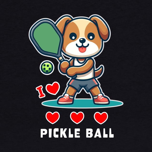 I Love Pickle Ball, Cute Dog playing Pickle Ball, funny graphic t-shirt for lovers of Pickle Ball and Dogs by Cat In Orbit ®